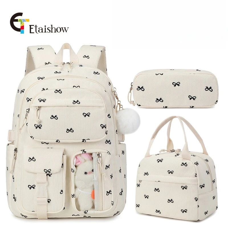 3 قطعة حقيبة ظهر للكلية سروال قصير مع حقيبة الغداء مقلمة لطيف فتاة مدرسة الفراولة طباعة حقيبة الكتب Daypack مجموعة للمراهقات النساء