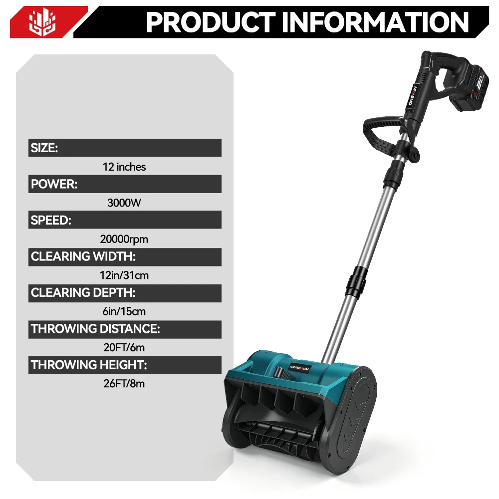 ONEVAN 3000W 300mm Brushless Electric Snow Plow Cordless Snow Sweeper Shovel Clean Street Courtyard For Makita 18V Battery Pin