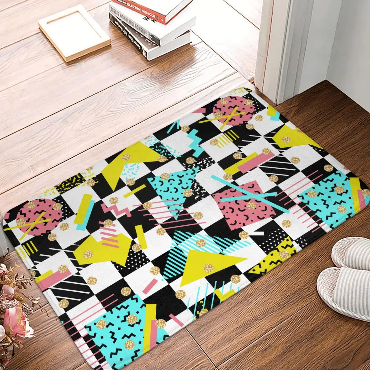 Retro Checkered Front Door Mat Anti-Slip Indoor Absorbent Doormat Garden Garage Entrance Rug Carpet