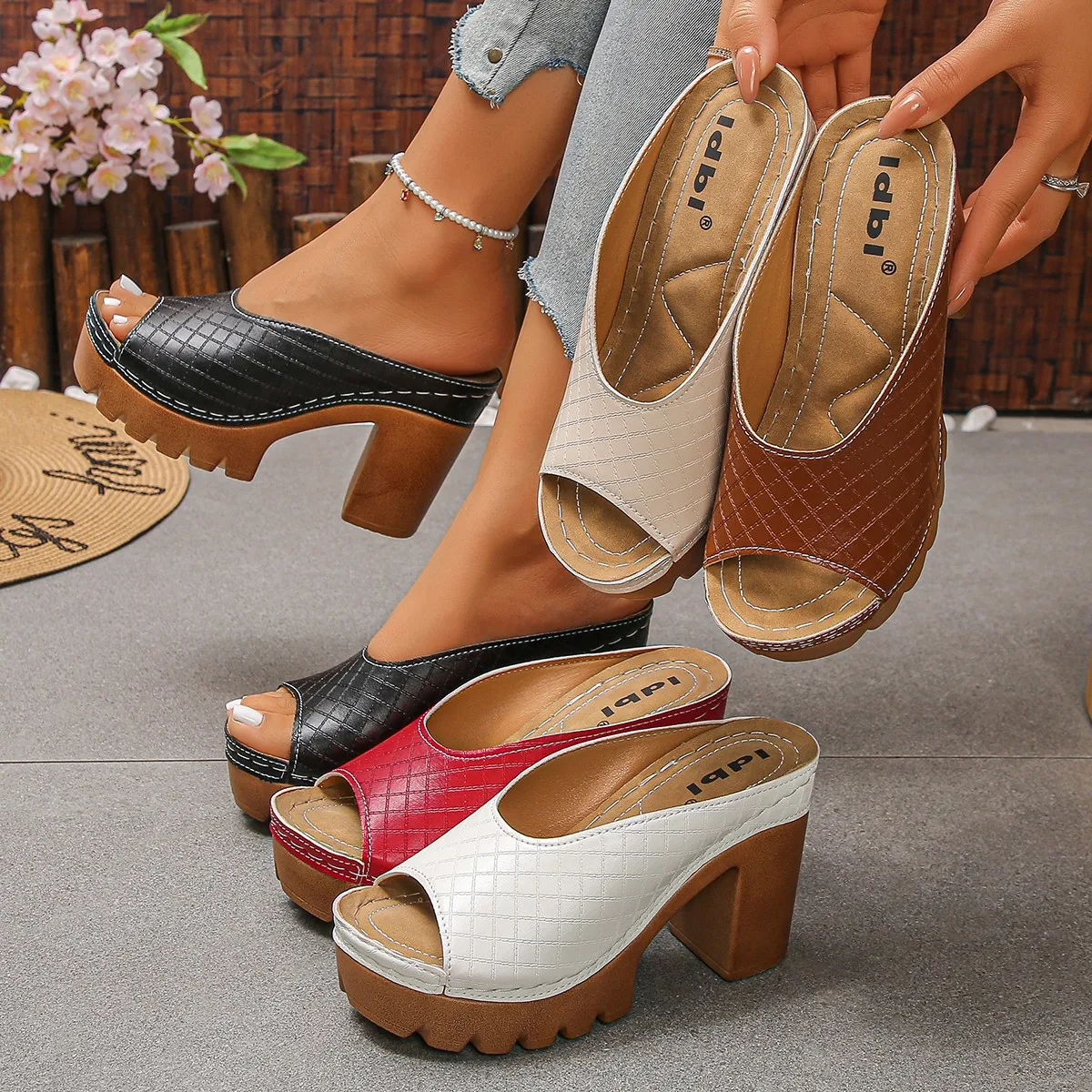 Summer Chunky Sandals Women\'s Super High Heels Platform Fish Mouth Sandals Waterproof Platform Slippers