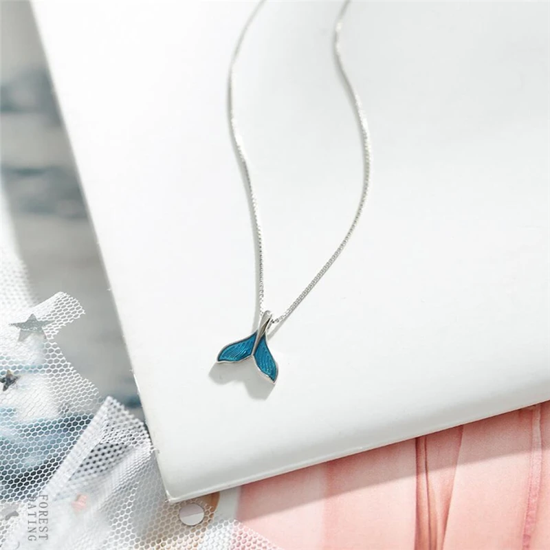 Sole Memory Cute Blue Dripping Glaze Mermaid Fishtail Whale 925 Sterling Silver Necklace For Women Jewelry Birthday Gift NE440 view 2