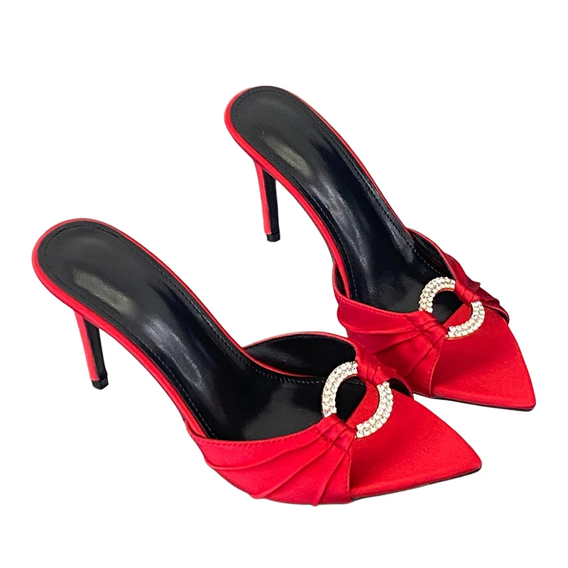 

9cm Stiletto Heels Slippers White Sandals Woman Rhinestone Circle Ladies High Heels Elegant Shoes Red Slippers