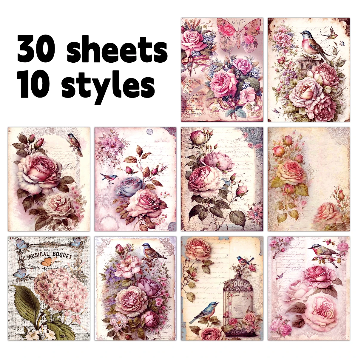 30pcs Vintage Rose Scrapbook Paper Pad,Floral Single-Sided Decorative Craft Paper for DIY Crafts,Album Art,Scrapbooking Supplies