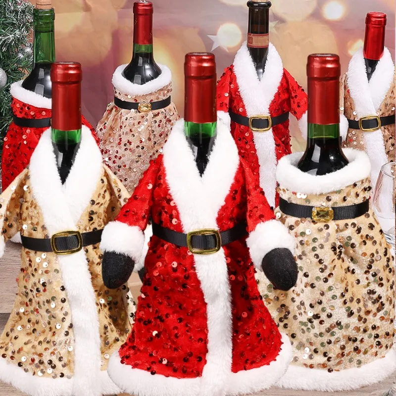 Christmas Wine Bottle Cover Plush Sequins Dress Wine Bottle Covers Dinner Table Bottle Bags New Year Party Gift Home Decors