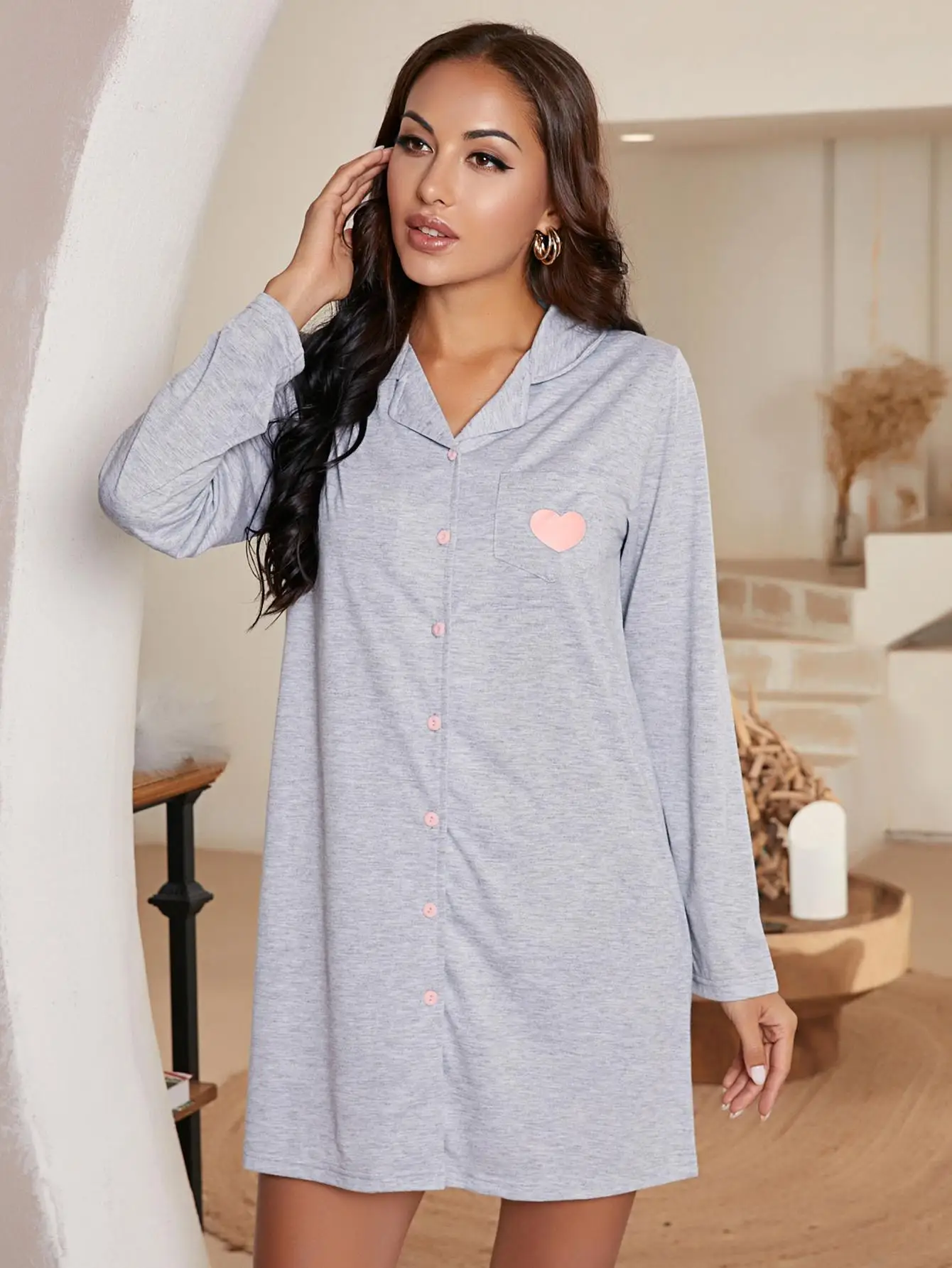 Autumn Sexy Heart Design Sleepwear Lady Gray Night Gown Homedress Turn Down Collar Sleeping Dress V Neck Home Wear Suit Women