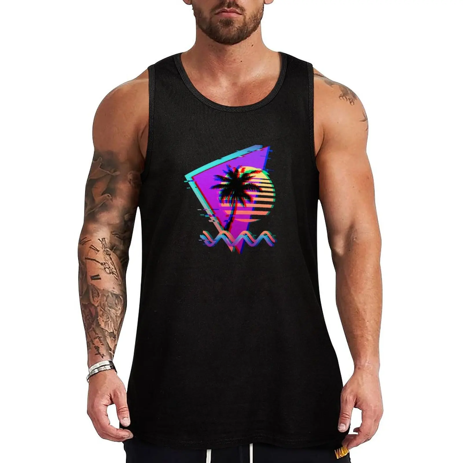 

Vaporwave Palm Tree Sunset 80s 90s Glitch Aesthetic Tank Top Men's clothes men gym clothing sports vest