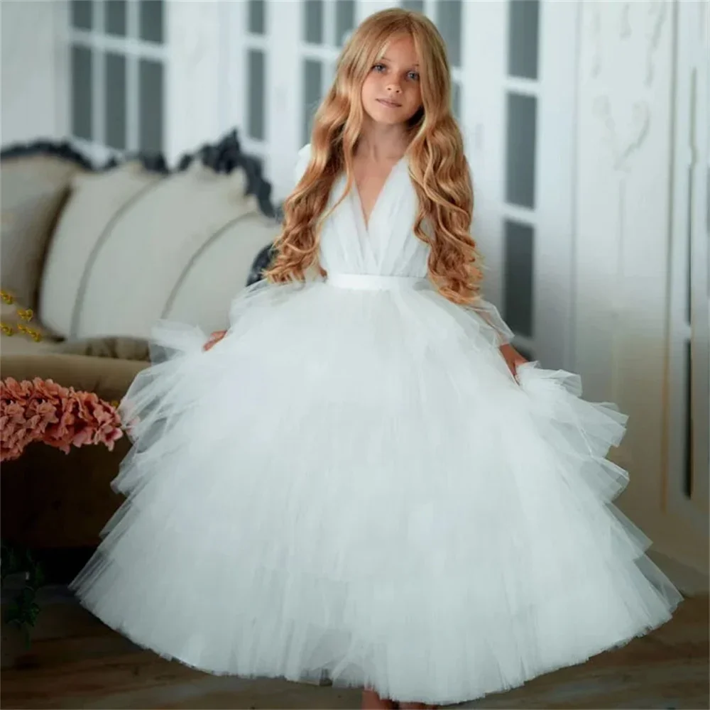 

Communion Dress V Neck Elegant Pleat Sleeveless A Line Long Luxury Ankle Length Summer Vintage Style Flower Girl Gowns New