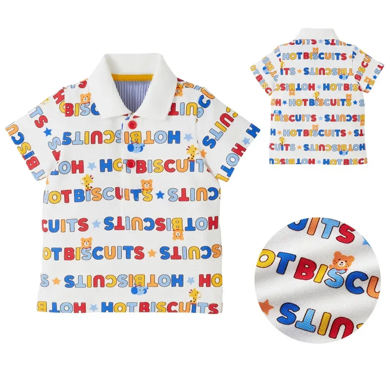 

Boys' ClothesSummer Children's Cartoon Pockmarked Bear Letters Full Print Short Sleeve Polo Shirt Top