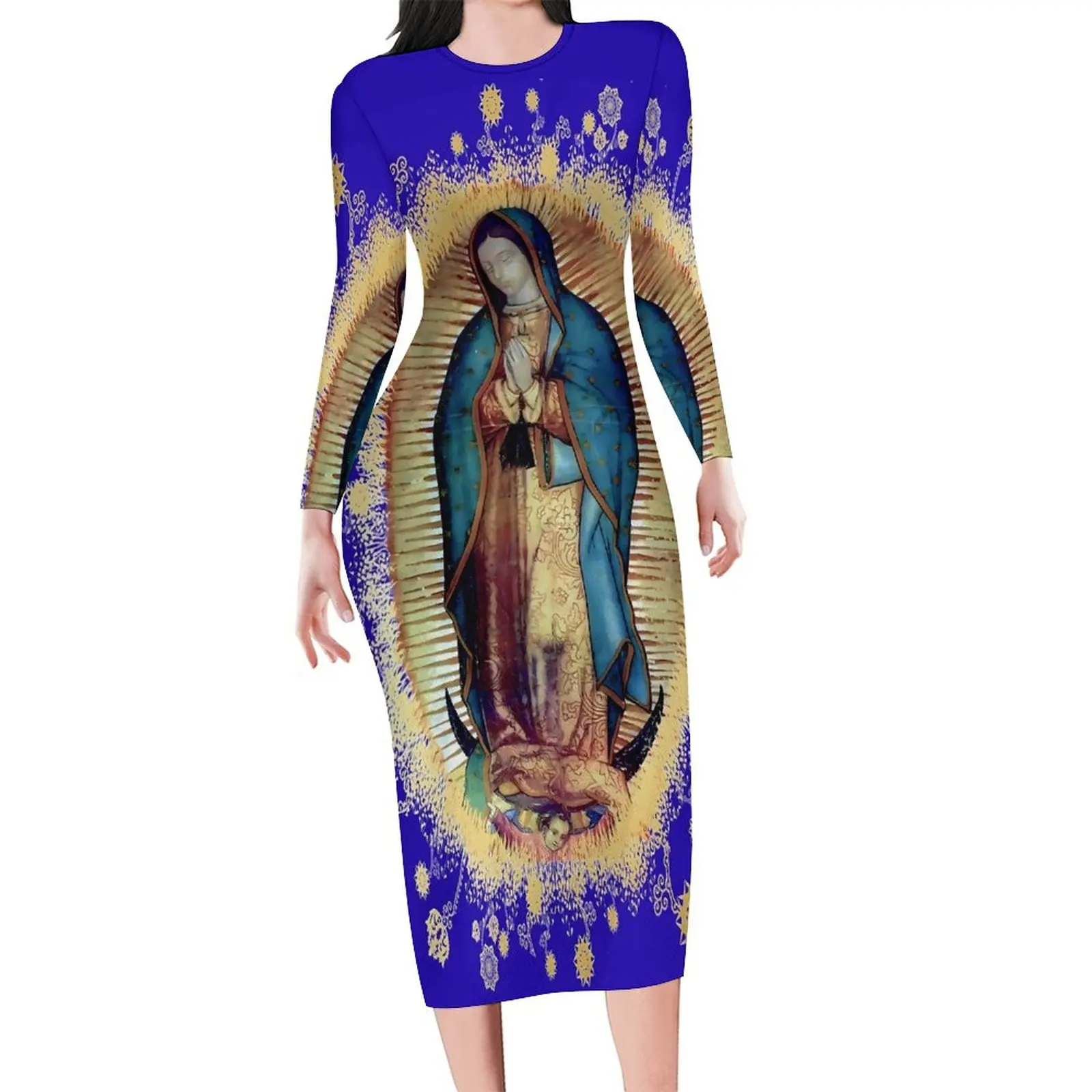 Virgin Mary Mexico Bodycon Dress Woman Our Lady of Guadalupe Stylish Dresses Summer Long Sleeve Streetwear Design Dress Big Size