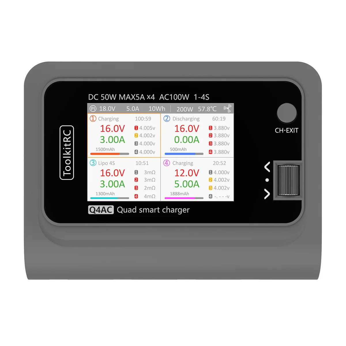 ToolkitRC Q4AC charger XT60 Adapters IPS Bright With Clear Wide Angle Display 4x50w 5A AC 100W 4 Port DC Smart Discharger