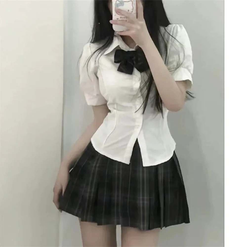 Japan Korean Jk Uniforms Student Women\'s Shirts Short Sleeve College Style Design Chic Ins Pure Spicy Girl White Bow Tie Blouse