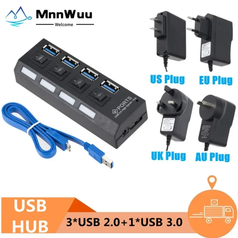 Mini USB HUB 3.0 2.0 Super Speed 5Gbps Usb2.0 4 Port HUB Portable USB 2.0 HUB Splitter with External Power Adapter for PC Acc