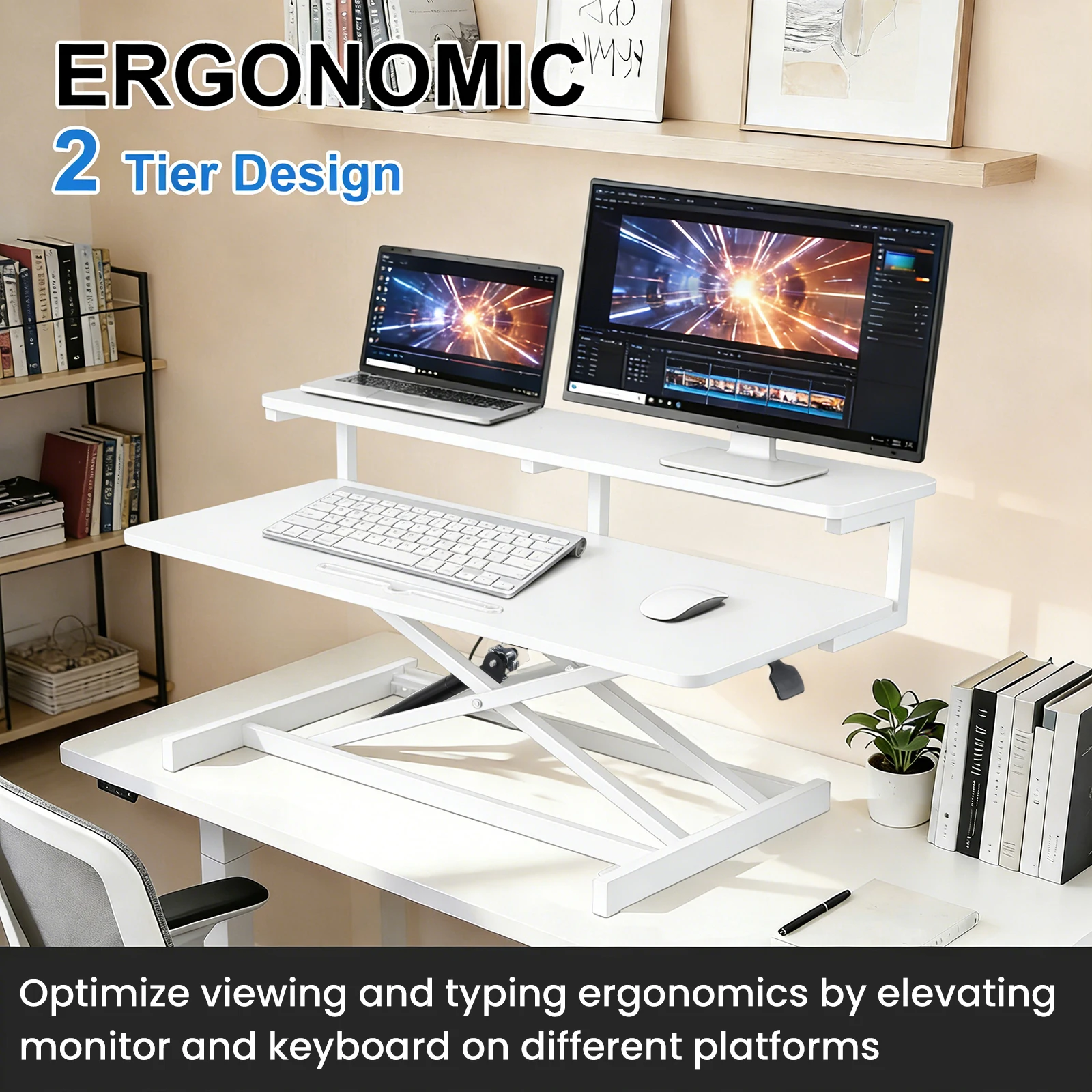 

37 inch stable standing desk converter with adjustable height for both sitting and standing, helping to avoid prolonged sitting