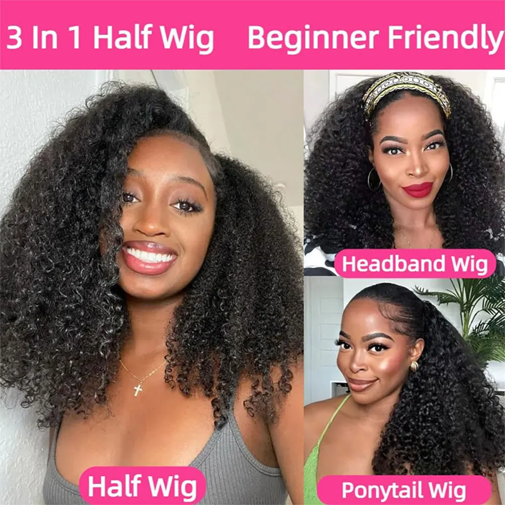 

3 In 1 Half Wigs Human Hair Afro Kinky Curly Half Wig With Drawstring Kinky Curly Glueless Wigs Human Hair Natural Hairline