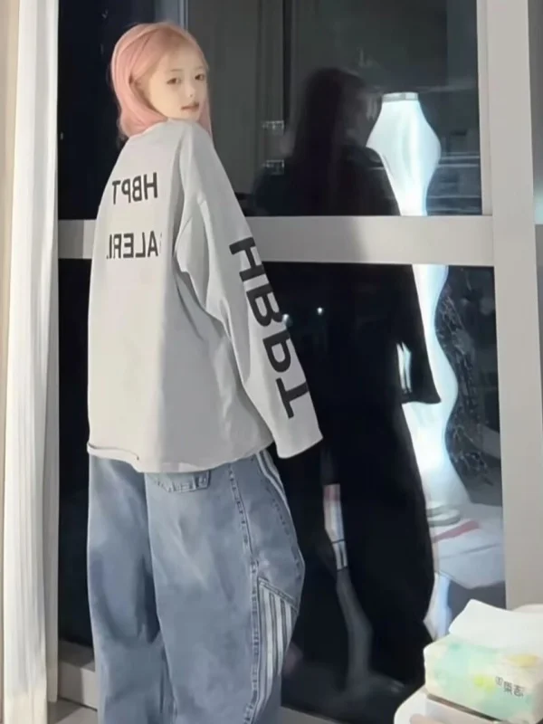 

Американский свитшот с круглым вырезом и принтом в стиле ретро, женский, весенне-осенний, тонкий, свободный, в стиле lazy style, повседневный, свободный топ в корейском стиле, с длинными рукавами