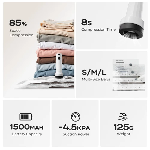 Imagen 2 del producto Juego de Bolsas de Vacío FLEXTAIL X VOLLYC NANO - Bolsas de Vacío con Bomba Eléctrica, Bolsa Selladora de Compresión al Vacío para Almacenamiento de Ropa en el Hogar, Viajes