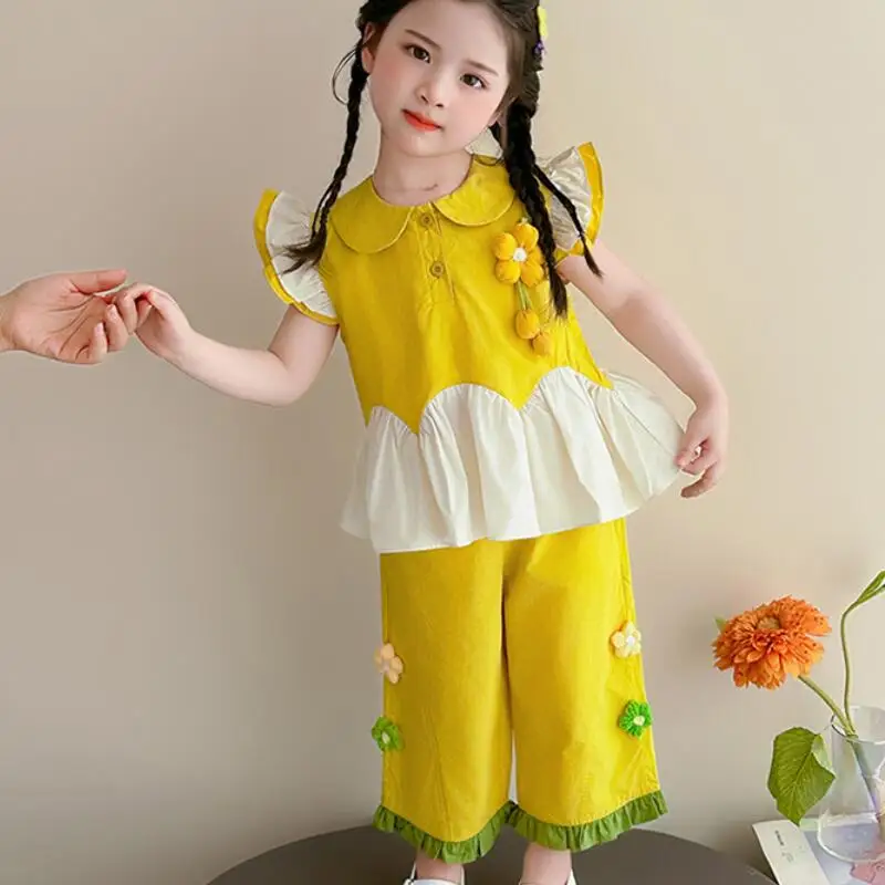 女の子フリルスリーブストレートパンツスーツ夏新作子供用ドールカラーtシャツ女の子半袖ワイドレッグパンツツーピースセット