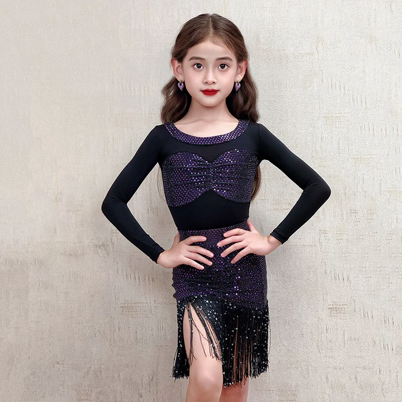 

Платье для латинских танцев для девочек, платье с длинными рукавами и блестками и бахромой, костюм для выступлений, детское платье для соревнований по танцам Румба Ча-ча DNV24833