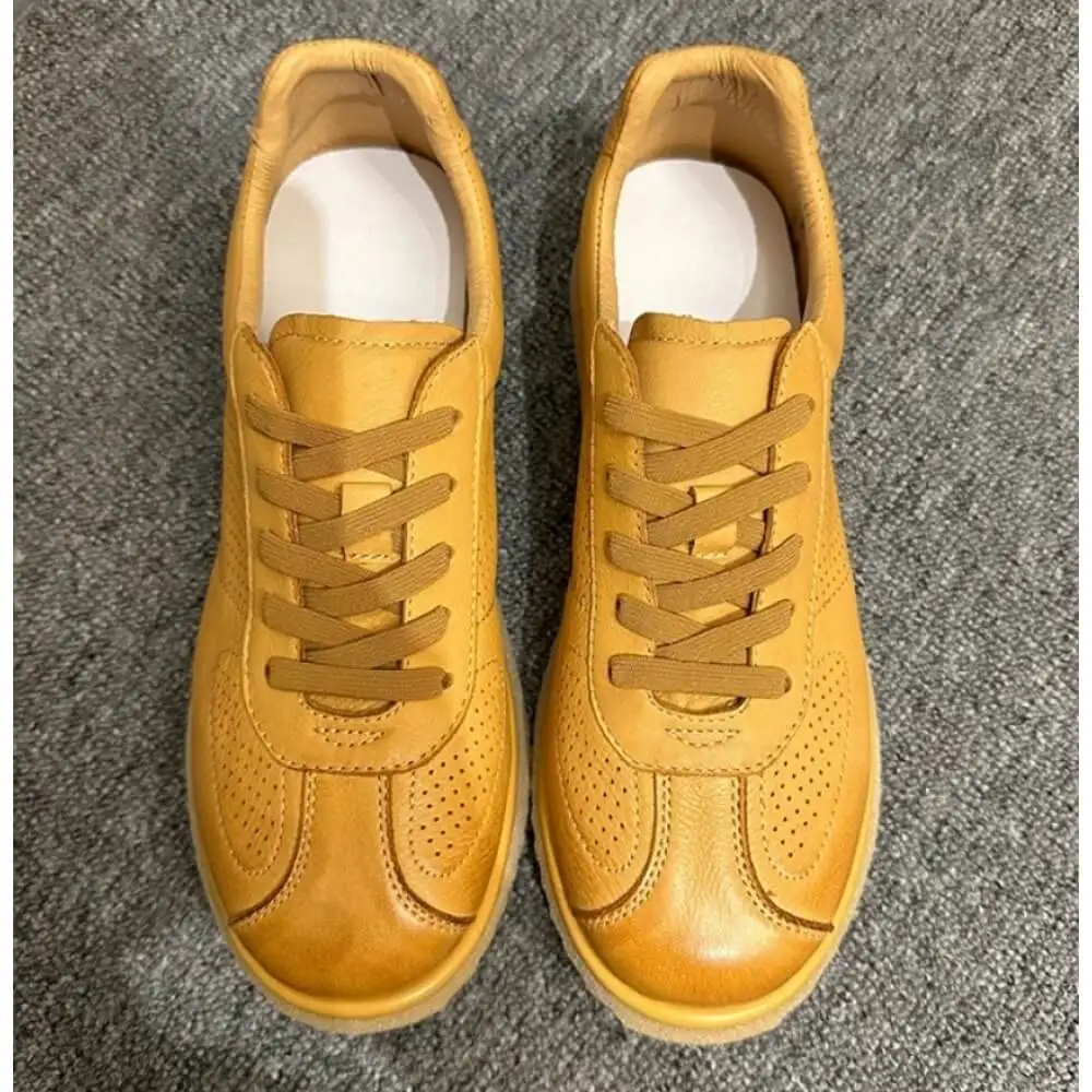 Warm Yellow Perforated Leather Casual Sneakers, with gum non-slip sole, breathable and stylish,