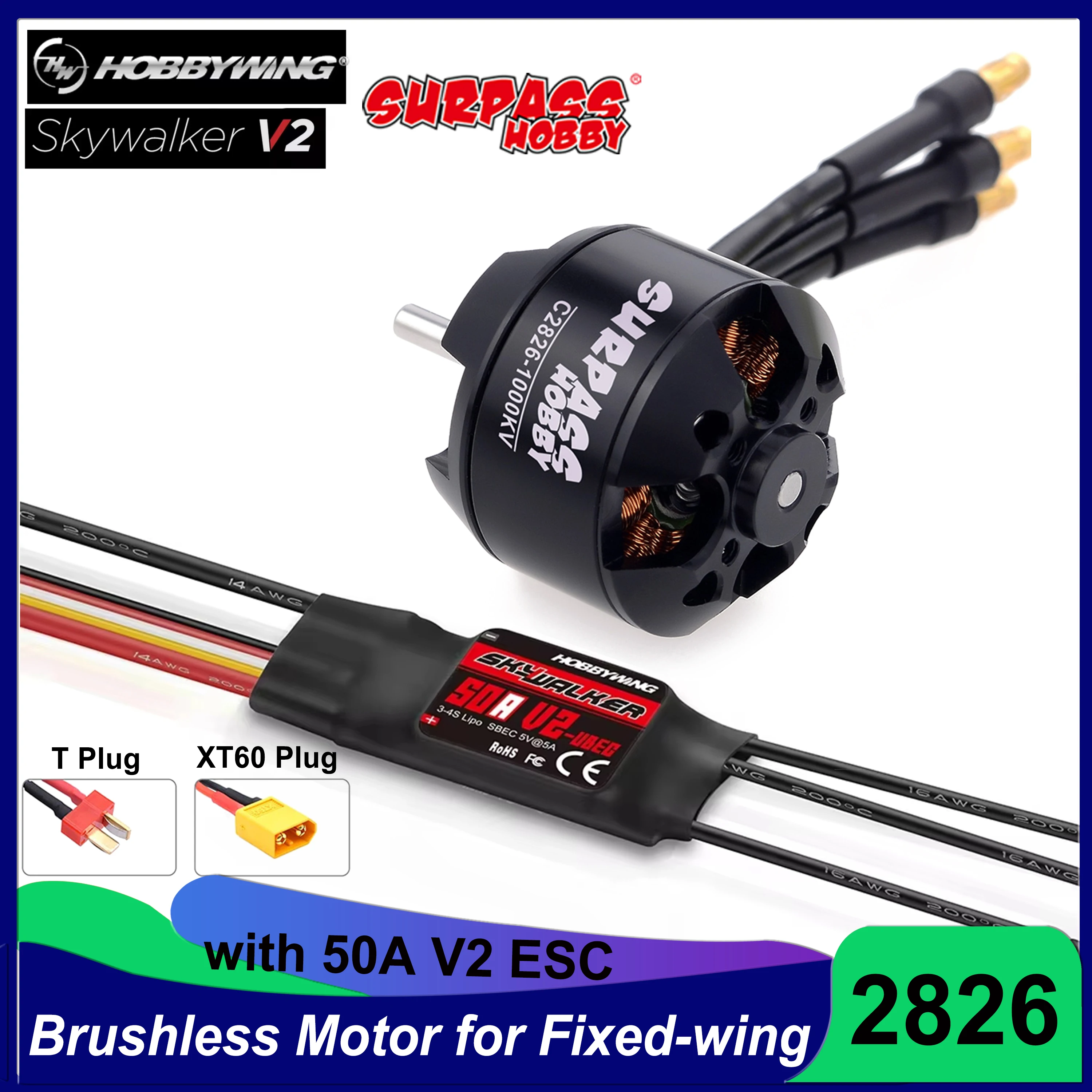 

Surpass Hobby 2208(2826) 2826 Brushless Motor with HobbyWing 50A V2 ESC Combo for RC 100g-350g Fixed-wing Plane Racing Drone