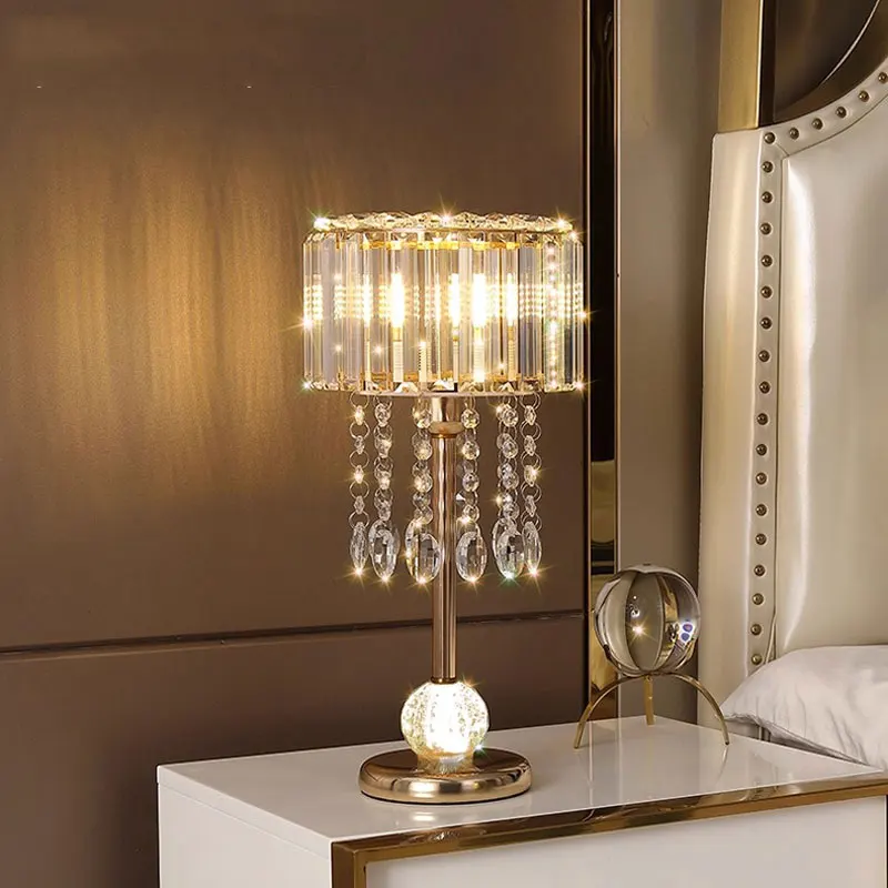

Luxury European Crystal Desk Lamp Creative American Gold Bead Curtain Pendant Simple Modern Living Room Bedroom Bedside Lamp