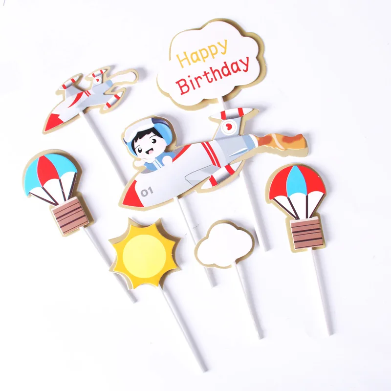 Happy Birthday Cake Topper Pilot Plane Car Tree Clouds Anniversaire Decor Flag Party Baking Supplies Cupcake Toppers Baby Shower