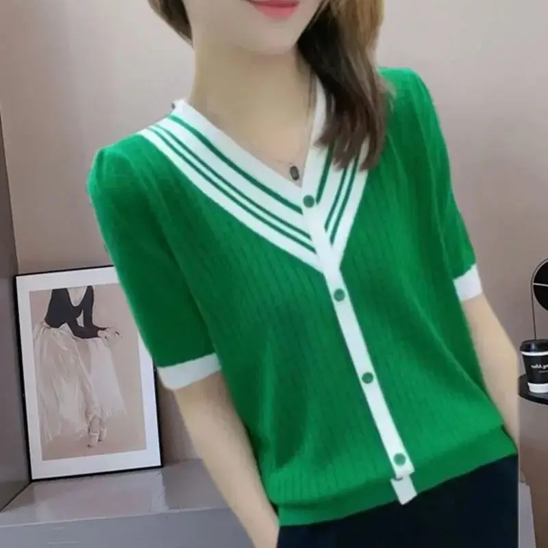 Summer 2024 Women\'s Pullover V-neck Panel Button Fashion Solid Contrast Color Elegant Slim Fit Versatile Short Sleeved Sweaters