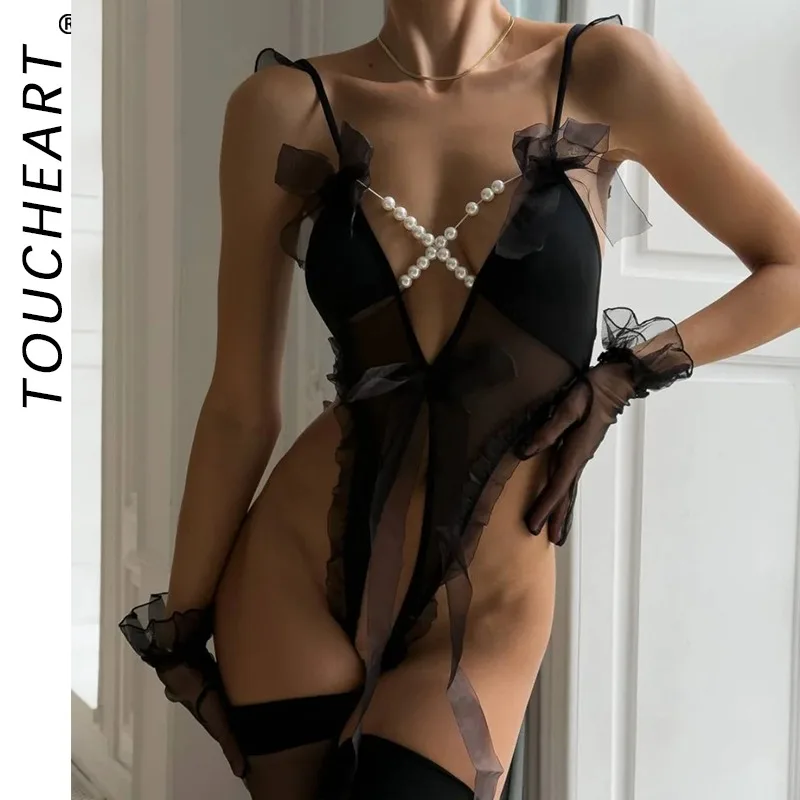 

Toucheart женское сексуальное боди с открытым файлом и кружевным бантом на шнуровке, тонкое прозрачное полое интересное соблазнительное эротическое нижнее белье