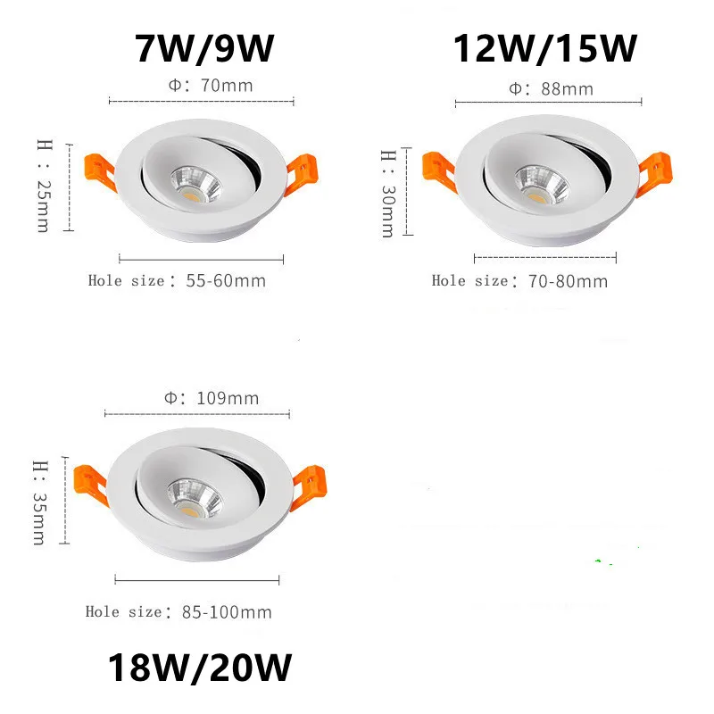 2025 Wbudowane oprawy LED z możliwością przyciemniania w nowym stylu 7 W 9 W 12 W 15 W 18 W 20 W 360 °   Regulowane lampy sufitowe COB Światła