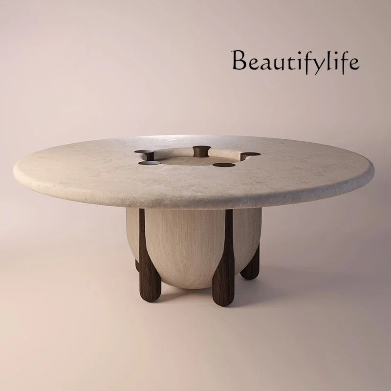 N45 Nordic light luxury high-end travertine dining table natural marble round table minimalist personality designer