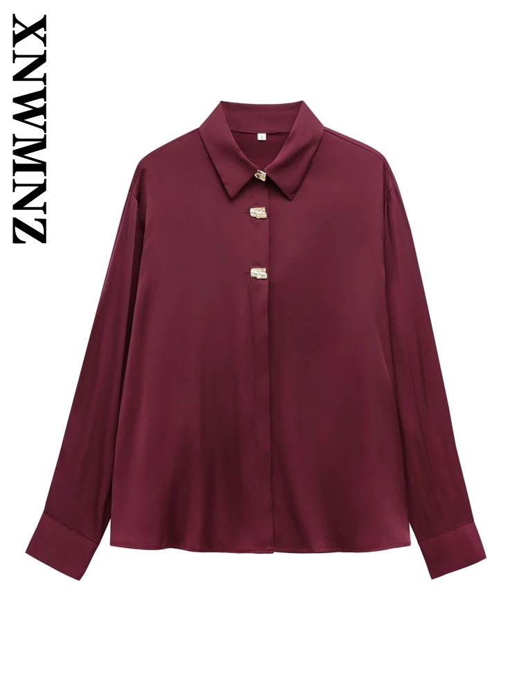 

XNWMNZ 2024 Autumn Woman's Retro Gold Button Outerwear Top Chic Female Long Sleeve Shirt Ruffles Loose Fit Turn-down Collar Coat