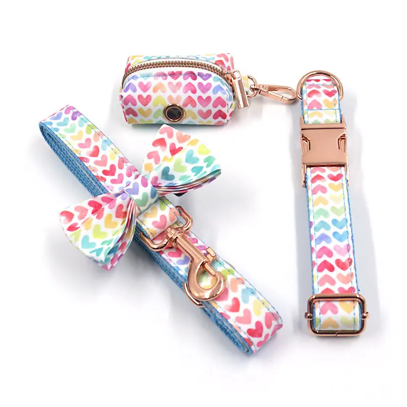 INS Cute Heart Print Dog Harness Leash set Custom Engraved Nameplate Dog Collar with Bow Personalized ID Name Tag Puppy Poop Bag