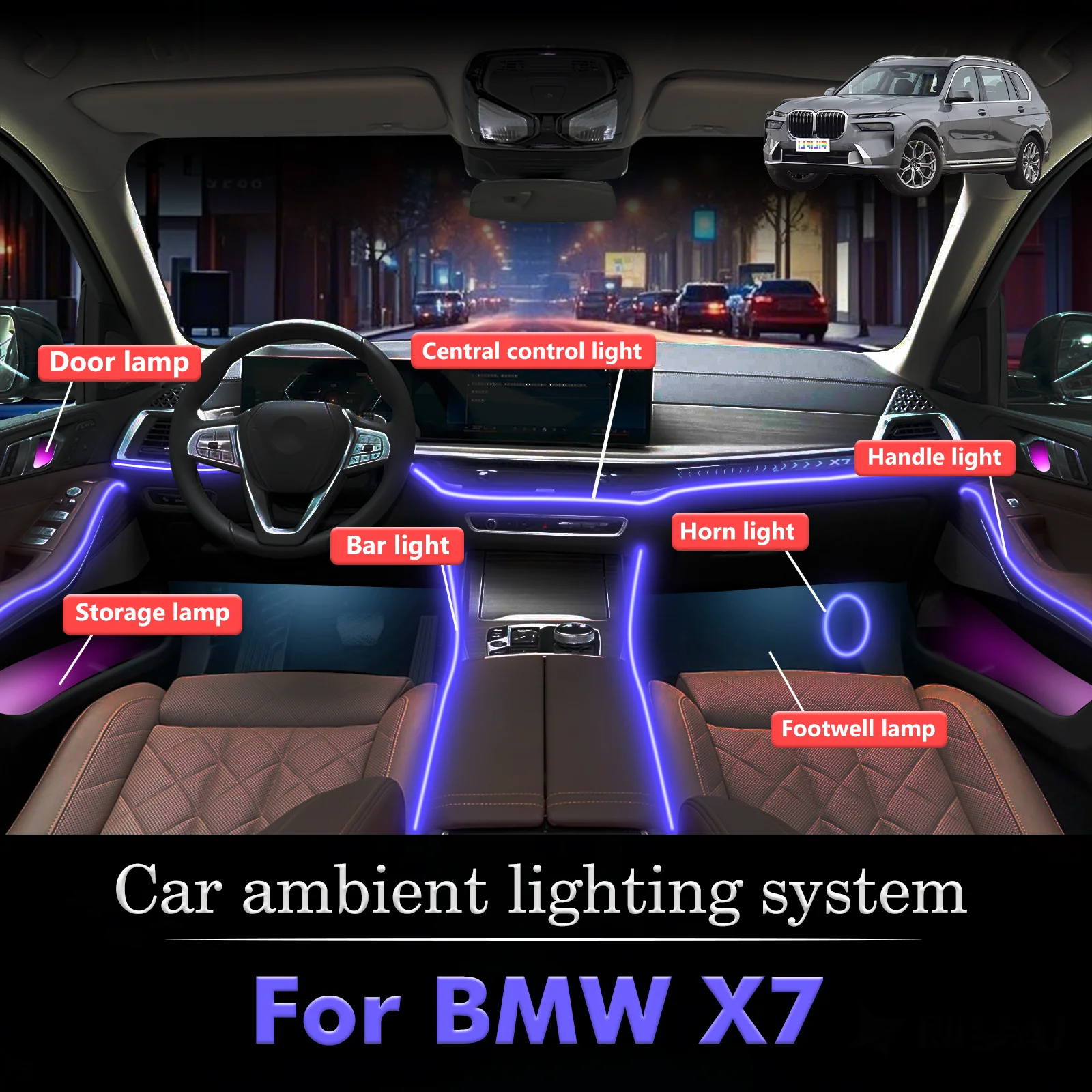 

For BMW X7 RGB 64 Colors LED Smart Remote Control Car Interior Ambient Light Energy Saving Efficient Lamp Kit