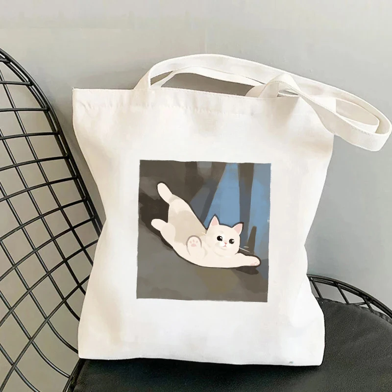 Bolso de hombro con estampado de gato de dibujos animados para mujer, bolsa de lona de gran capacidad, organizador informal, compras, supermercado