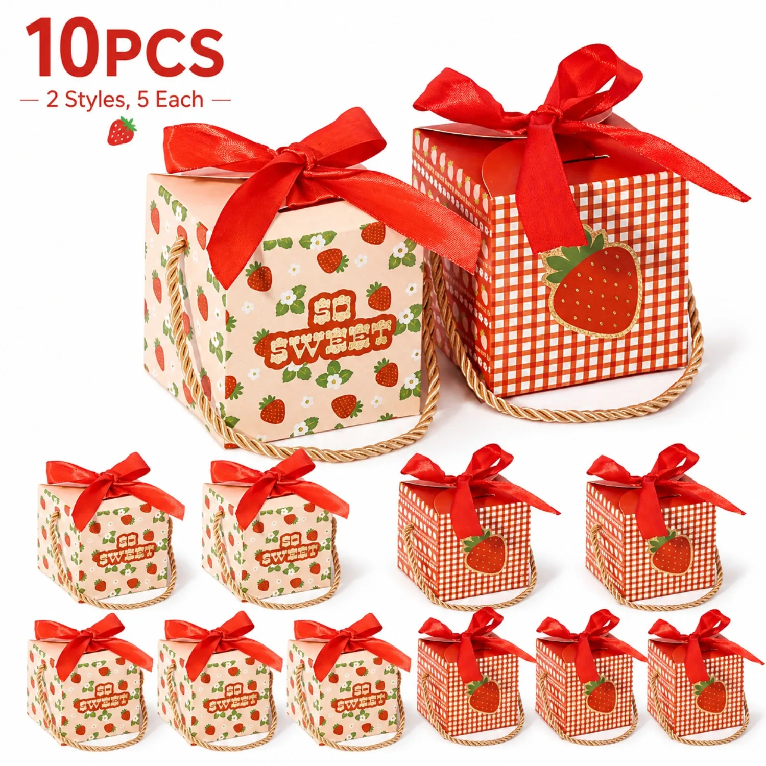 10 Stück niedliche Geschenkboxen mit Erdbeer-Aufdruck, mit Griffen, Schleifenband-Dekor, kleine Geschenkverpackungsboxen, Obst-Themenparty, Hochzeit ﻿