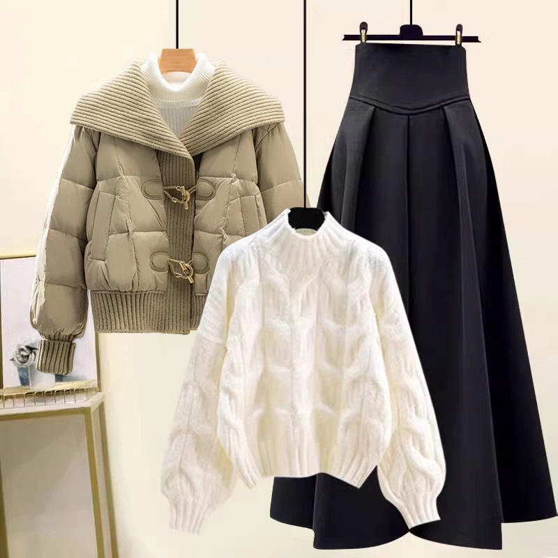 

Утепленный хлопковый вязаный свитер с высоким воротником и юбка-комплект из трех предметов: женская зимняя модная верхняя одежда