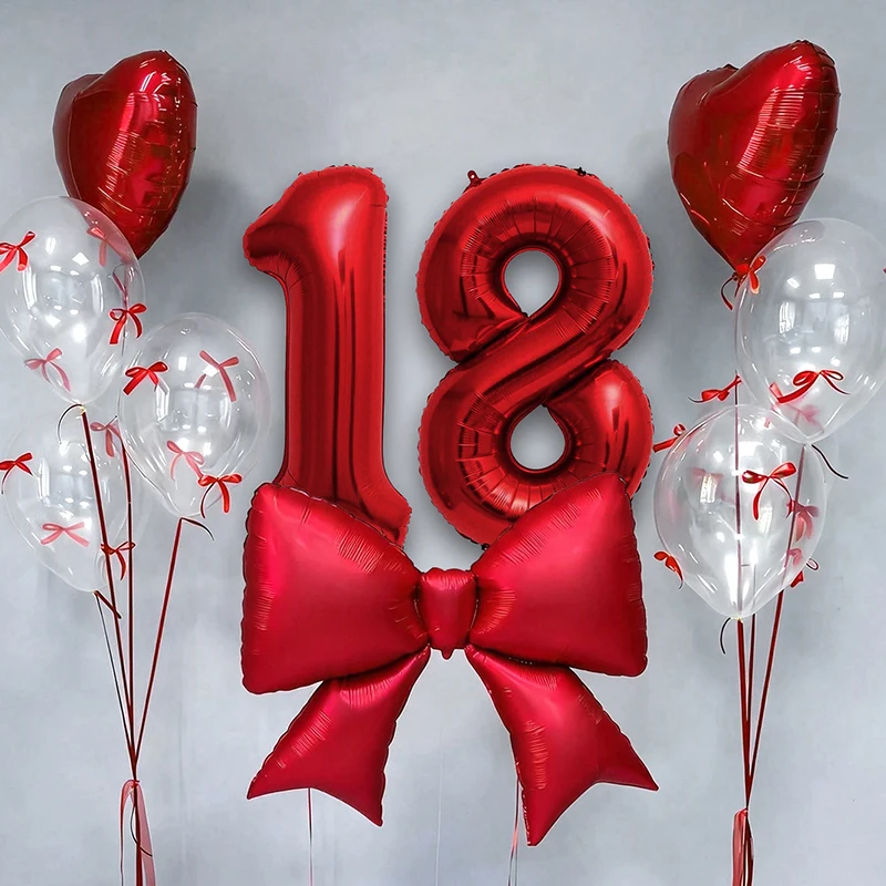 Set de Decoración para Cumpleaños, Globos Grandes de Lentejuelas Rojas, Globos con Número Rojo de 40 Pulgadas 0-9, 10, 18, 20, 21, 25, 30, Globos Rojos en Forma de Corazón de 18 Pulgadas, Globos de Látex Transparentes (con Cintas para Globos), Adecuados p