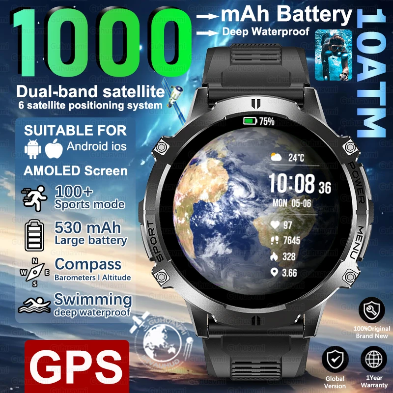 

2025 New 100M Waterproof Swimming Smart Watch For Men 1.73'' AMOLED Screen GPS Positioning Bluetooth Call Sports Smart Bracelet