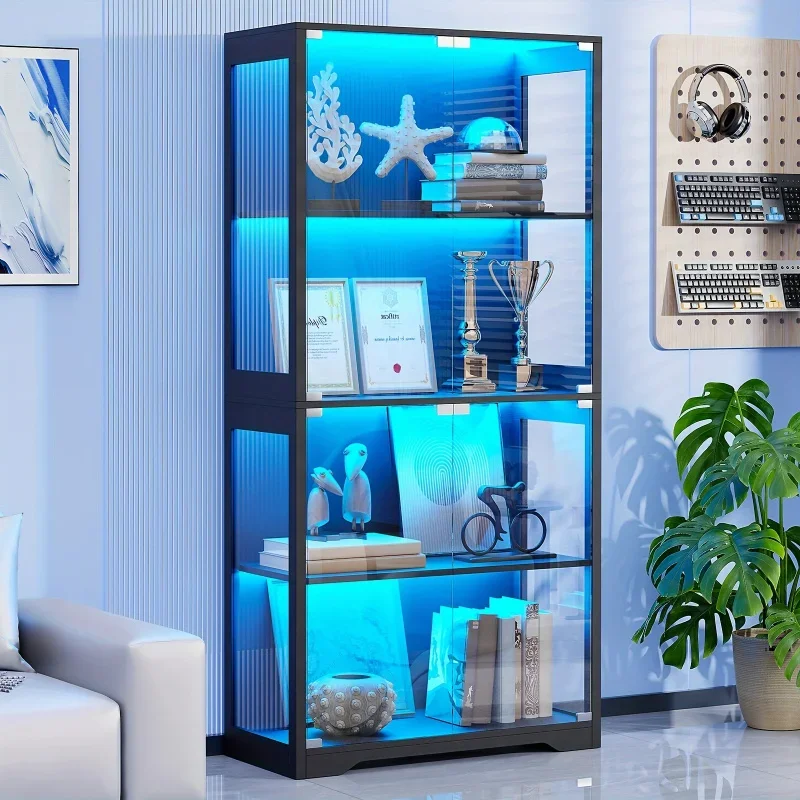 Display Cabinet with Glass Door，Belt 3 Color Light Locker，4 Layer Antique Cabinet and Bookcase，For Collectibles、Toy、Books、