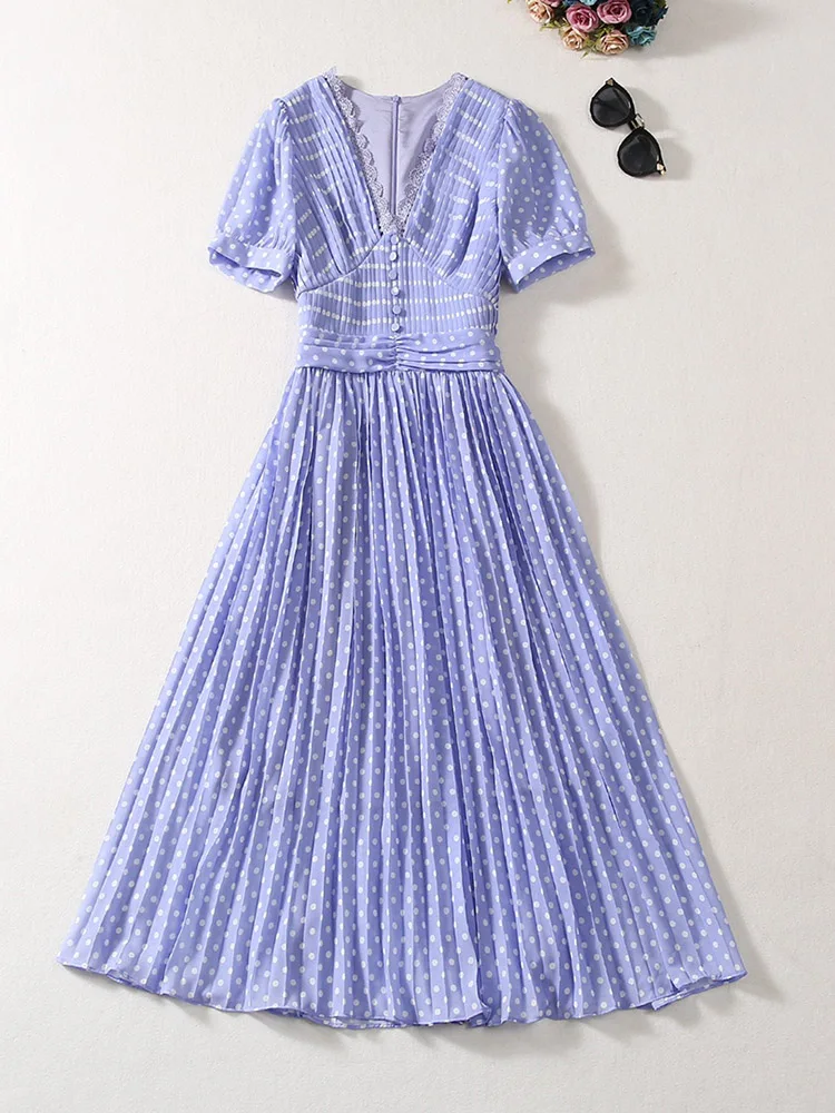 

Women's Pleated V Neck Dress, Lace Sides, Short Puff Sleeve, Dot Polka Printing Folds, Fashion Runway Dress, Spring, Summer