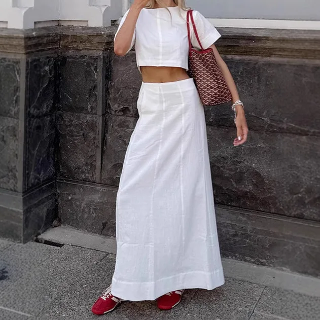 

White Cotton-Linen Round-Neck Cropped Tank Top Long Skirt Set 2026 European And American Summer Fashion New Two-Piece Outfit For