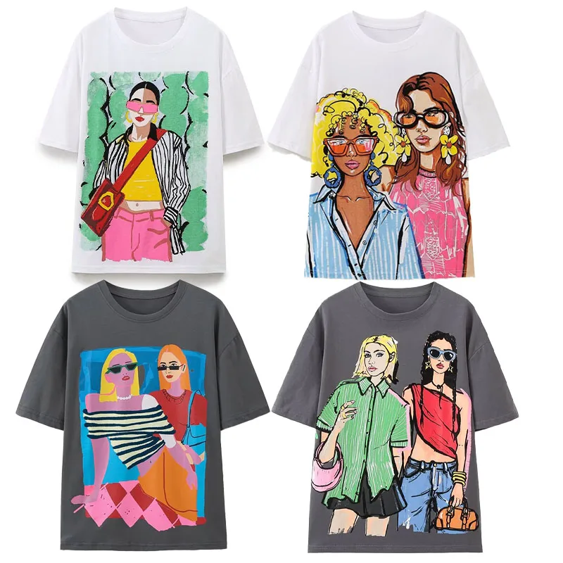 Women 2024 Summer New Fashion Casual Printed T Shirts Vintage O-Neck Short Sleeve Female Top Tees Mujer