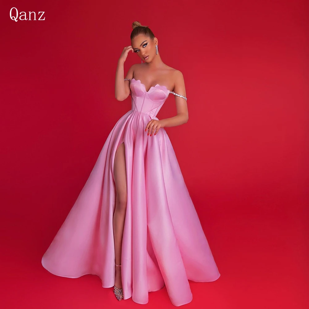 

Qanz Pink A-line Long Prom Dresses High Split Evening Dress Saudi Arabia Women's Formal Request Party Gowns Vestido Feminino