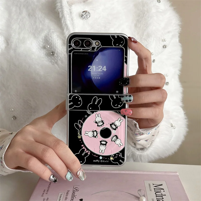

Kawaii Miffy CD Design Magnetic phone case For Samsung Galaxy Z Flip 4 5 6 7 FE Black Pink Hard Cover For MagSafe