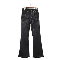 Men Wax Denim Jeans Cotton Casual Men's Clothing Coated Autumn Straight Solid High Street Black Jeans Long Pants