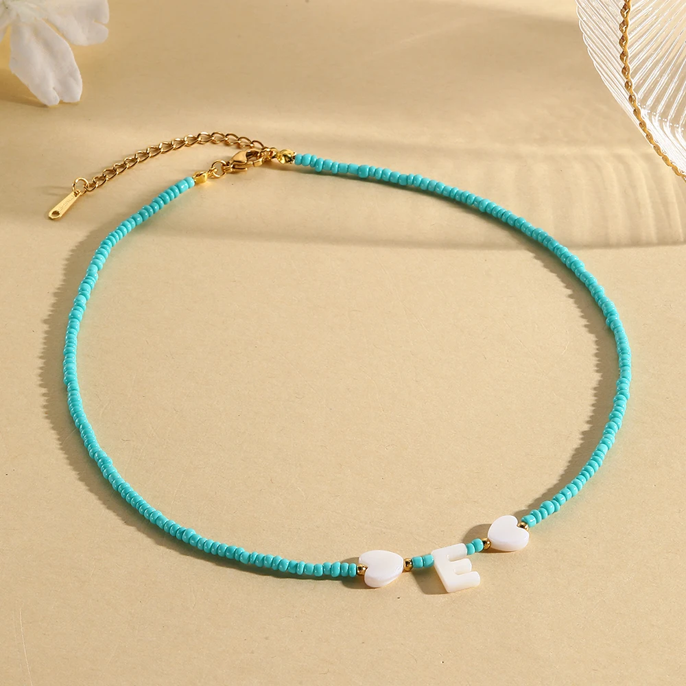 26 Letter Stainless Steel Tail Chain, Blue Millet Bead Necklace, Shell Heart Letter, Women\'s Jewelry