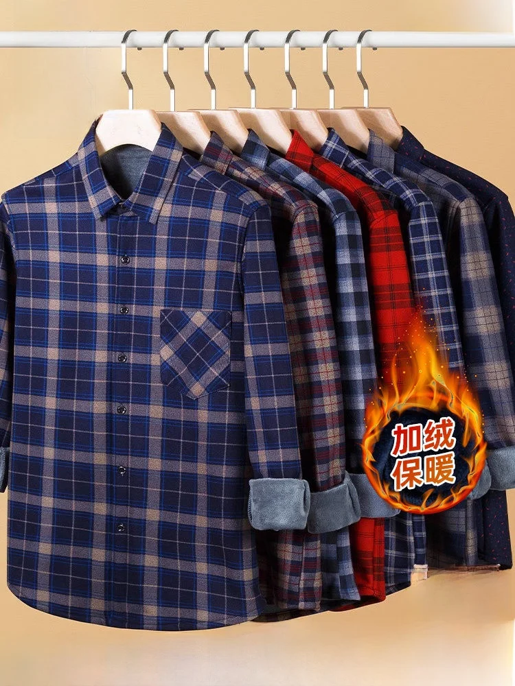 Warm Fleece Lined Plaid Long Sleeve Shirt for Men Business Casual Winter Fashion Romon Brand Standard Fit Polyester Fiber