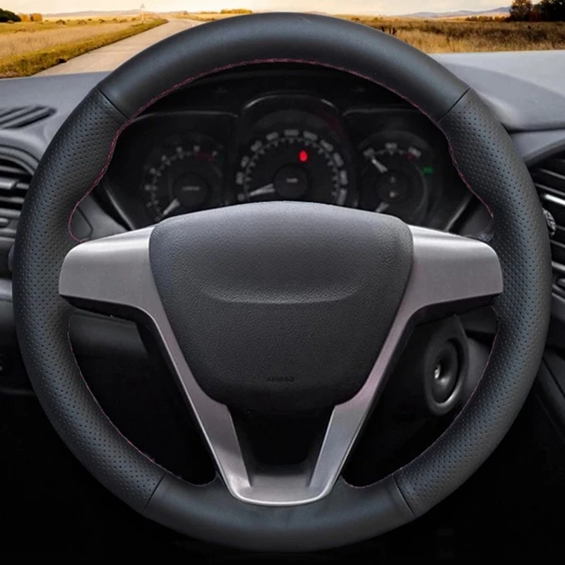 Hand-stitched Black Real cowhide Leather Car Steering Wheel Cover For Lada Xray 2015-2019 Vesta 2015 2016 2017 2018 2019