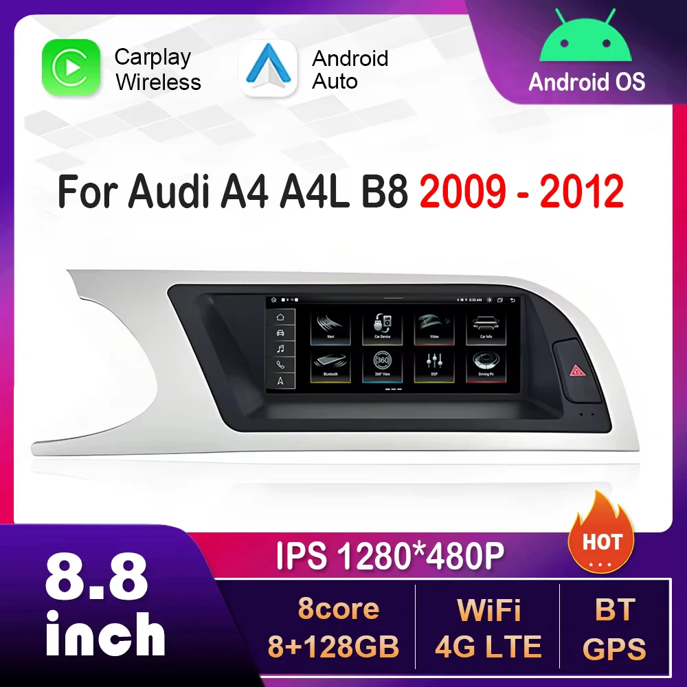 

8.8 inch 1280*480P for Audi A4 A4L B8 2009 - 2012 CarPlay HD Touch Screen GPS Navi Android Car Radio Video Multimedia Player