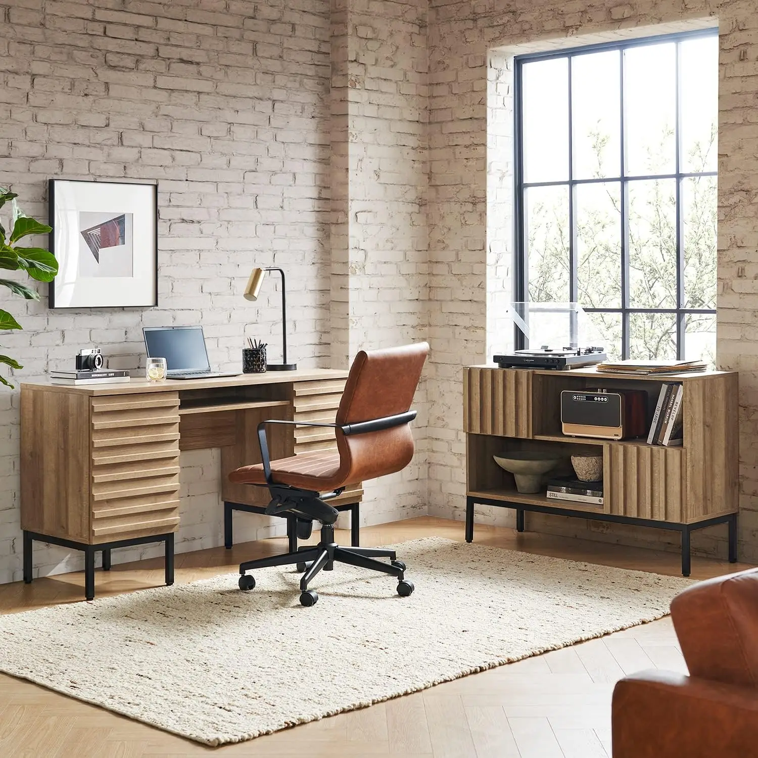 Norwin Executive Desk, Modern Industrial Farmhouse Desks For Home Office, With Sturdy Metal Legs, Fluted Panel Dual Cabinet